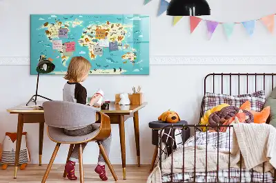 Mapa del mundo con animales pizarra magnética de pared con rotulador