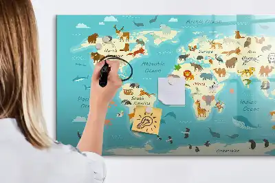 Mapa del mundo con animales pizarra magnética de pared con rotulador