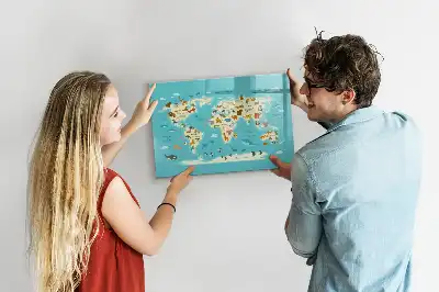 Mapa del mundo con animales pizarra magnética de pared con rotulador