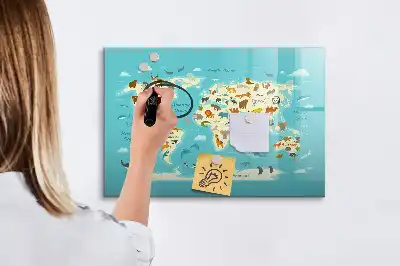 Mapa del mundo con animales pizarra magnética de pared con rotulador