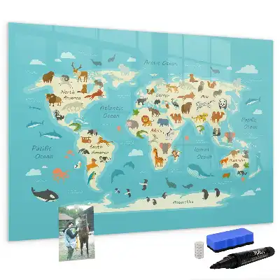 Mapa del mundo con animales pizarra magnética de pared con rotulador
