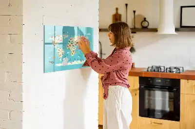 Mapa del mundo con animales pizarra magnética de pared con rotulador