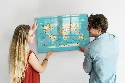Mapa del mundo con animales pizarra magnética de pared con rotulador