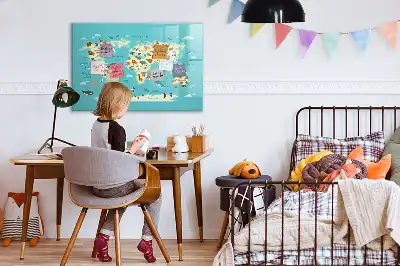 Mapa del mundo con animales pizarra magnética de pared con rotulador