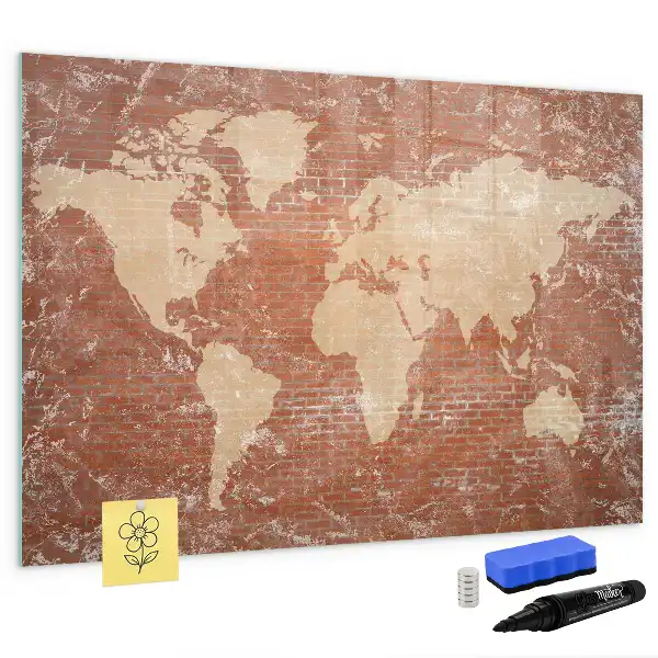 Pizarra de cristal magnética diseño de mapa del mundo sobre ladrillos