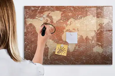 Pizarra de cristal magnética diseño de mapa del mundo sobre ladrillos