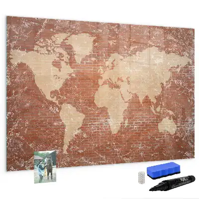 Pizarra de cristal magnética diseño de mapa del mundo sobre ladrillos