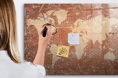 Pizarra de cristal magnética diseño de mapa del mundo sobre ladrillos