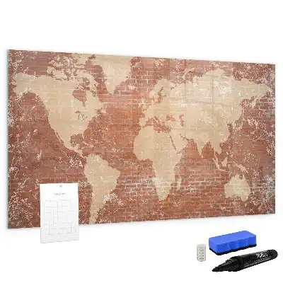 Pizarra de cristal magnética diseño de mapa del mundo sobre ladrillos