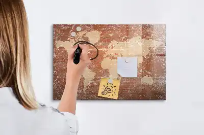 Pizarra de cristal magnética diseño de mapa del mundo sobre ladrillos