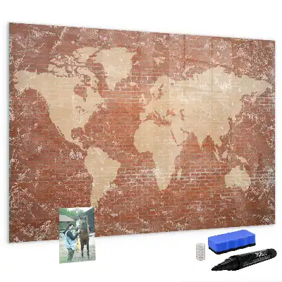 Pizarra de cristal magnética diseño de mapa del mundo sobre ladrillos