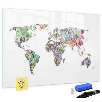 Mapa decorativo realizado con billetes pizarra magnética de pared con rotulador