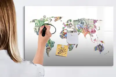 Mapa decorativo realizado con billetes pizarra magnética de pared con rotulador