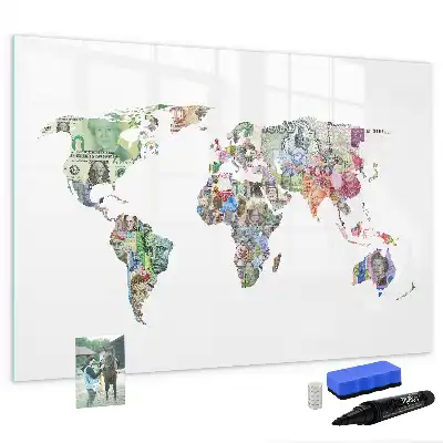 Mapa decorativo realizado con billetes pizarra magnética de pared con rotulador