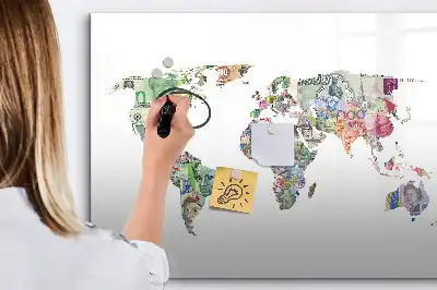 Mapa decorativo realizado con billetes pizarra magnética de pared con rotulador