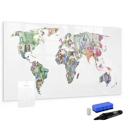 Mapa decorativo realizado con billetes pizarra magnética de pared con rotulador