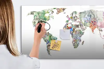 Mapa decorativo realizado con billetes pizarra magnética de pared con rotulador