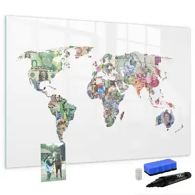 Mapa decorativo realizado con billetes pizarra magnética de pared con rotulador