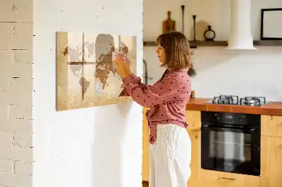 Mapa del mundo estilo antiguo pizarra magnética de pared con rotulador