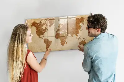 Mapa del mundo estilo antiguo pizarra magnética de pared con rotulador