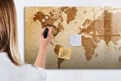Mapa del mundo estilo antiguo pizarra magnética de pared con rotulador
