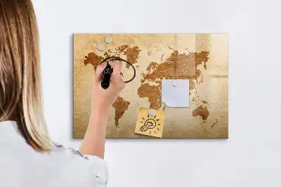 Mapa del mundo estilo antiguo pizarra magnética de pared con rotulador