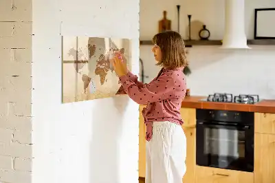 Mapa del mundo estilo antiguo pizarra magnética de pared con rotulador