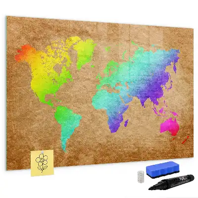 Mapa del mundo arcoíris pizarra magnética de pared con rotulador