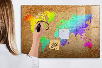 Mapa del mundo arcoíris pizarra magnética de pared con rotulador