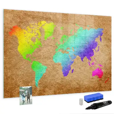 Mapa del mundo arcoíris pizarra magnética de pared con rotulador