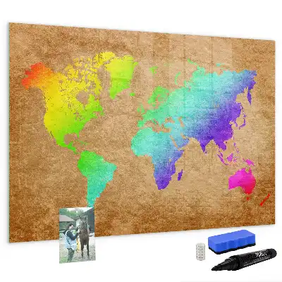Mapa del mundo arcoíris pizarra magnética de pared con rotulador