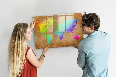 Mapa del mundo arcoíris pizarra magnética de pared con rotulador