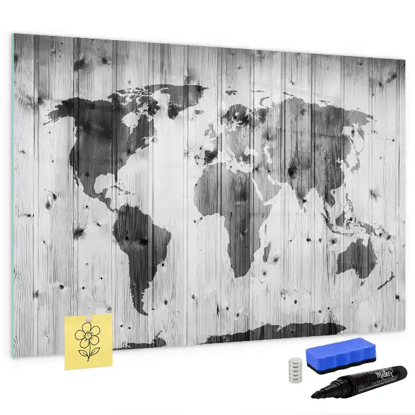 Mapa del mundo sobre madera pizarra magnética de cristal borrable