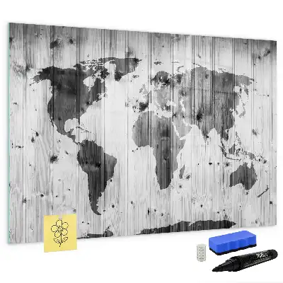 Mapa del mundo sobre madera pizarra magnética de cristal borrable