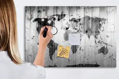 Mapa del mundo sobre madera pizarra magnética de cristal borrable