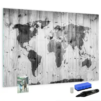 Mapa del mundo sobre madera pizarra magnética de cristal borrable