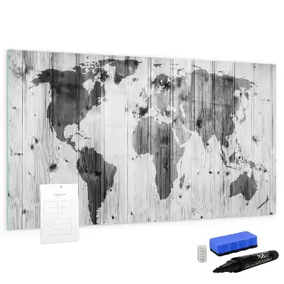 Mapa del mundo sobre madera pizarra magnética de cristal borrable