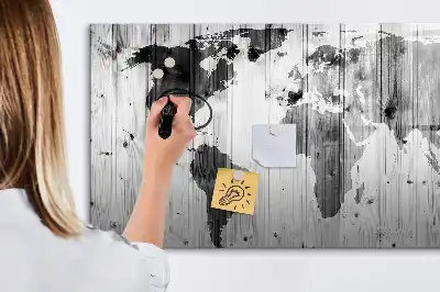 Mapa del mundo sobre madera pizarra magnética de cristal borrable