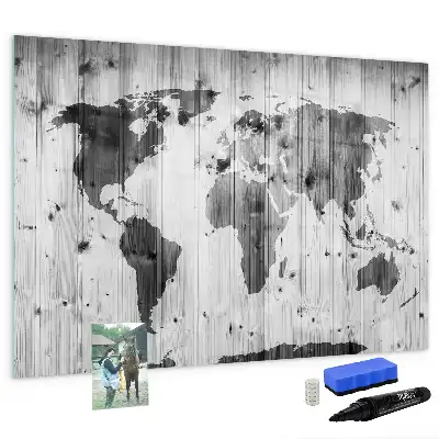Mapa del mundo sobre madera pizarra magnética de cristal borrable