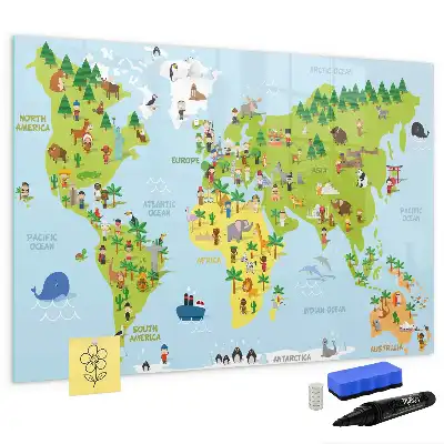 Pizarra de cristal con diseño de mapa cultural del mundo con borrado en seco y superficie magnética