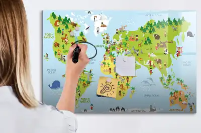 Pizarra de cristal con diseño de mapa cultural del mundo con borrado en seco y superficie magnética