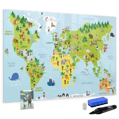 Pizarra de cristal con diseño de mapa cultural del mundo con borrado en seco y superficie magnética