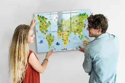 Pizarra de cristal con diseño de mapa cultural del mundo con borrado en seco y superficie magnética