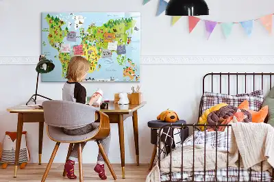 Pizarra de cristal con diseño de mapa cultural del mundo con borrado en seco y superficie magnética