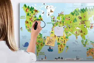 Pizarra de cristal con diseño de mapa cultural del mundo con borrado en seco y superficie magnética