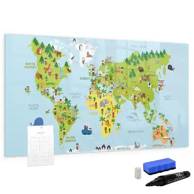 Pizarra de cristal con diseño de mapa cultural del mundo con borrado en seco y superficie magnética