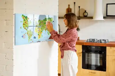 Pizarra de cristal con diseño de mapa cultural del mundo con borrado en seco y superficie magnética