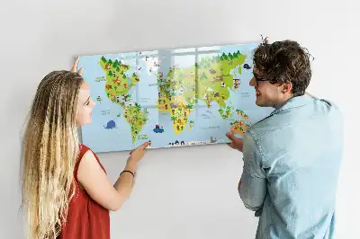 Pizarra de cristal con diseño de mapa cultural del mundo con borrado en seco y superficie magnética