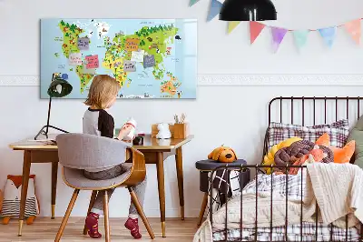 Pizarra de cristal con diseño de mapa cultural del mundo con borrado en seco y superficie magnética