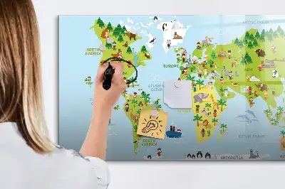 Pizarra de cristal con diseño de mapa cultural del mundo con borrado en seco y superficie magnética